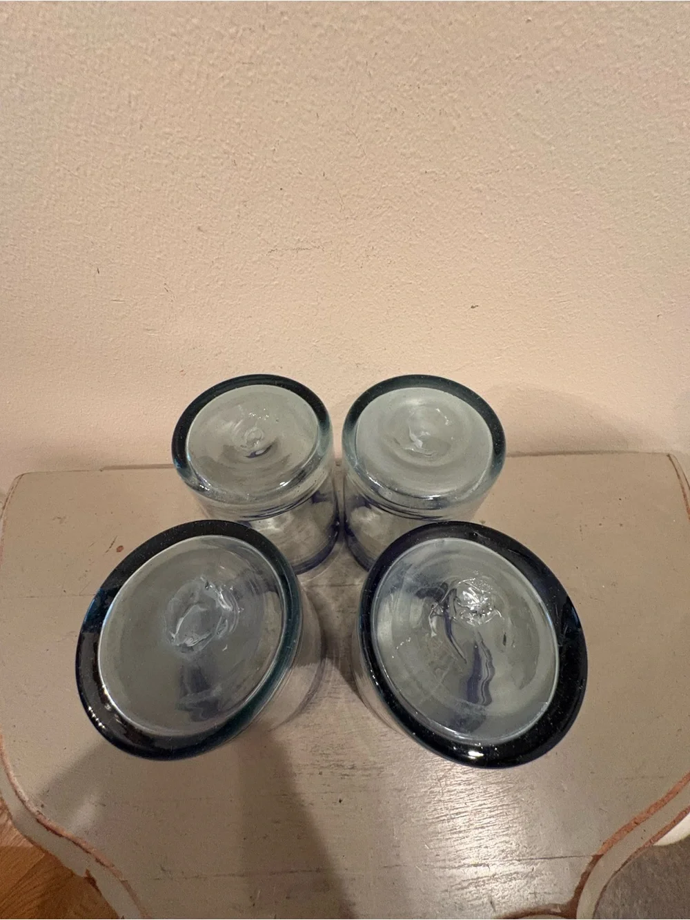 Four Cobalt Blue Rimmed Hand Blown Aqua Mexican Drinking Glasses